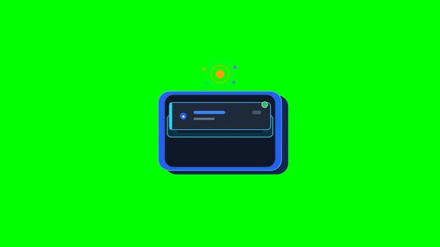 Premium 2.5D digital notification hub receiving an event signal and sequentially revealing layered information before dispatching an active notification with confirmation status on a clean green scree