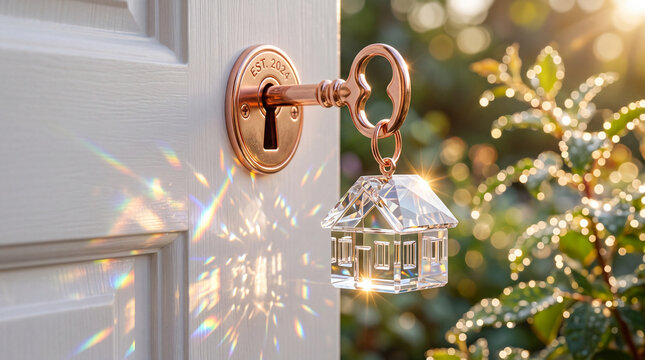 Ornate rose gold key featuring a sparkling crystal house keychain inserted into a white wooden door lock