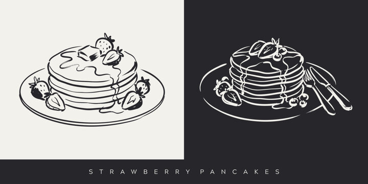 Hand drawn pancake stack sketches with strawberries syrup butter and cutlery on plate vector illustrations