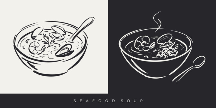 Hand drawn seafood soup bowl with shrimp mussels and clams vector illustration