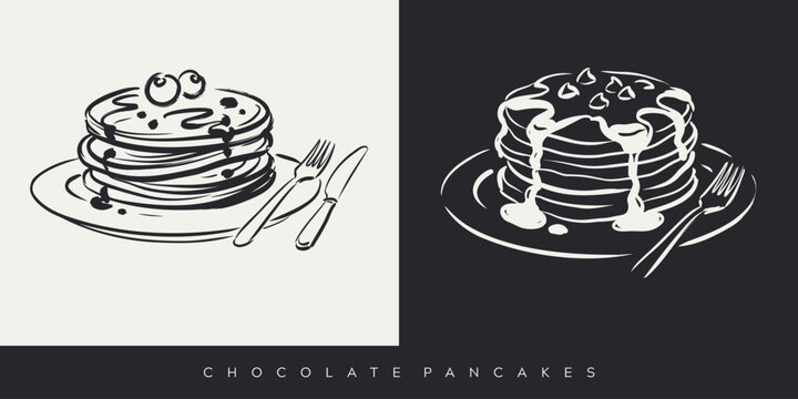 Stack of hand drawn pancakes with syrup and toppings on a plate with cutlery