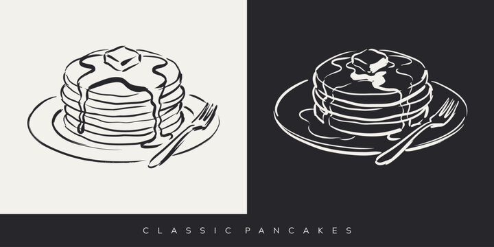 Hand drawn stack of pancakes with melting butter and maple syrup on a plate