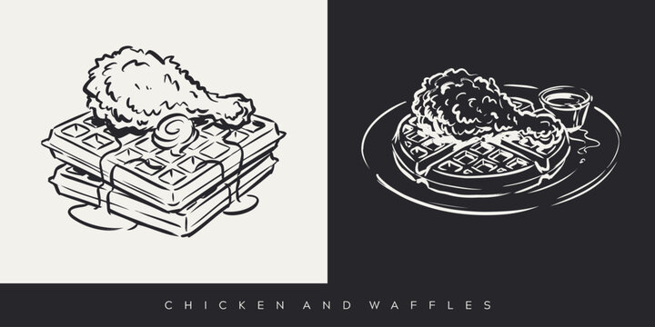 Hand Drawn Chicken and Waffles Sketch Illustration for Restaurant Menu Design