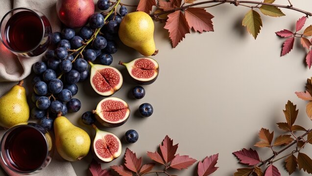 Autumn flat lay with fresh grapes, figs, pears, berries and red wine surrounded by colorful leaves. Elegant seasonal food composition with generous copy space for menus, recipes and lifestyle designs