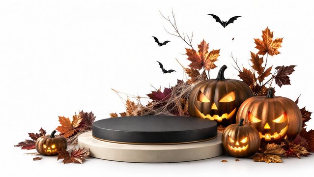 Halloween themed pumpkin display with lit carved pumpkins and autumn leaves on a podium isolated on transparent background
