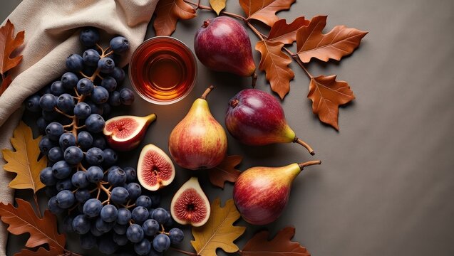 Autumn flat lay with fresh grapes, figs, pears, berries and red wine surrounded by colorful leaves. Elegant seasonal food composition with generous copy space for menus, recipes and lifestyle designs