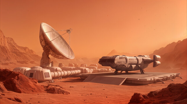 Spacecraft landed on research base platform in red desert landscape. Concept of interplanetary mission and colony on planet similar to Mars.