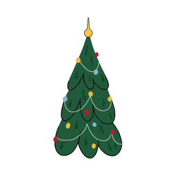Decorated green Christmas tree vector isolated on white background