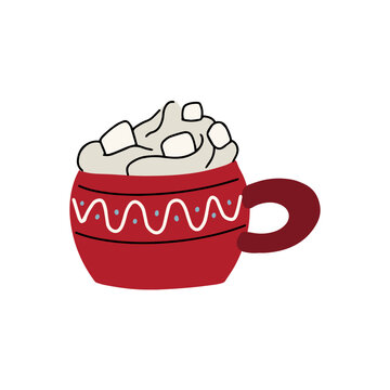 Red mug with hot chocolate and marshmallows vector isolated on white background