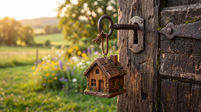 Miniature wooden house charm hanging from an antique skeleton key inserted into a rustic weathered barn door lock outdoors