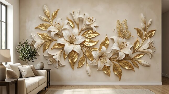 Large metallic flower wall art with copper and gold leaves on a grey living room wall for luxury interior decoration