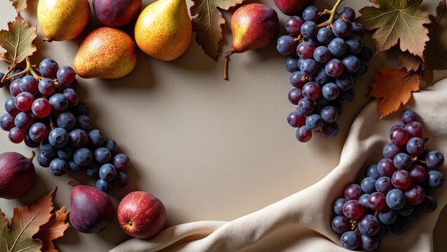 Autumn flat lay with fresh grapes, figs, pears, berries and red wine surrounded by colorful leaves. Elegant seasonal food composition with generous copy space for menus, recipes and lifestyle designs