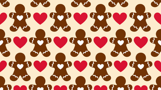 Seamless pattern with cute gingerbread men cookies and red hearts for christmas holiday background Vector