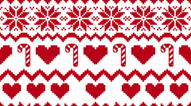 Christmas seamless pattern with red pixel hearts and candy canes for winter holiday textile design Vector