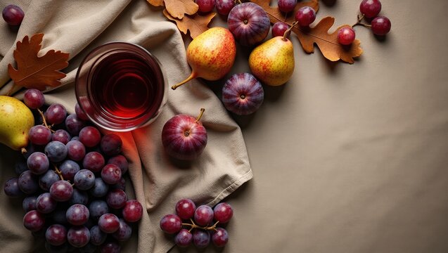 Autumn flat lay with fresh grapes, figs, pears, berries and red wine surrounded by colorful leaves. Elegant seasonal food composition with generous copy space for menus, recipes and lifestyle designs