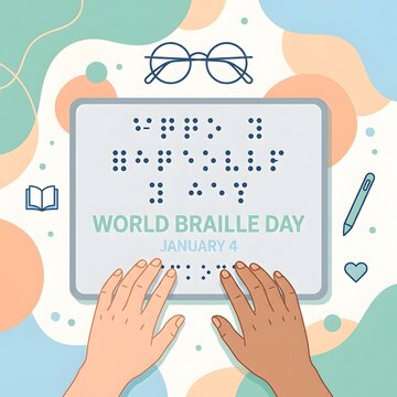 Honoring world braille day with gentle hands exploring a braille reader and nearby eyeglasses symbolizing accessibility