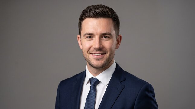 Professional headshot portrait of a smiling young businessman wearing a suit and tie against a gray background.