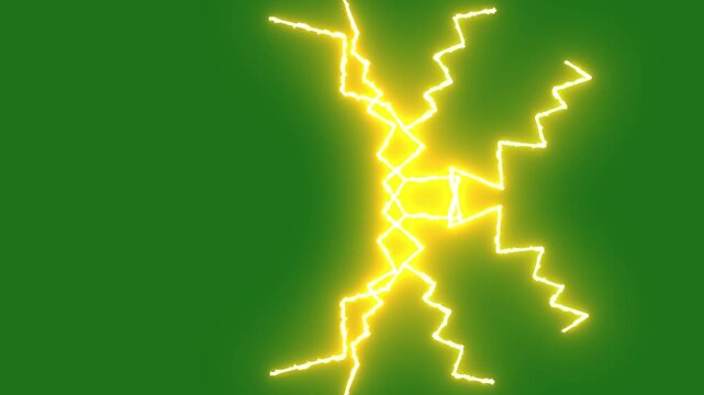 Cinematic blue lightning thunderbolt animation with realistic electric discharge, glowing plasma arcs, powerful energy bursts and dramatic storm flash effects on green background for 4k