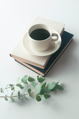 Coffee cup on stacked books with eucalyptus branch in minimalist lifestyle still life © 清美 小池