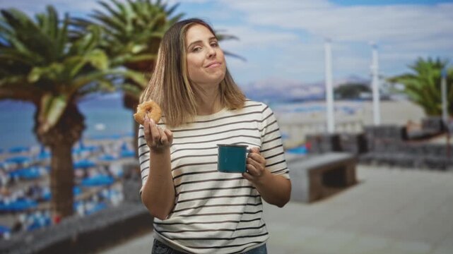 Woman holding a glazed donut and blue mug, tongue out and smiling in a striped shirt on a street boardwalk by palm trees and beach umbrellas; playful relaxation.