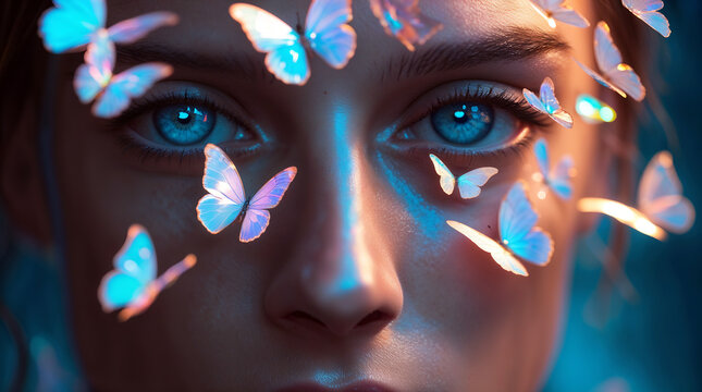 Close-up Portrait of a Person's Face With Their Eyes and Butterflies Surrounding Them