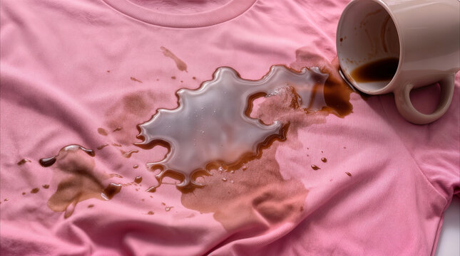 Coffee spilled on pink cotton t-shirt. Liquid stain spreading across fabric from overturned ceramic mug.