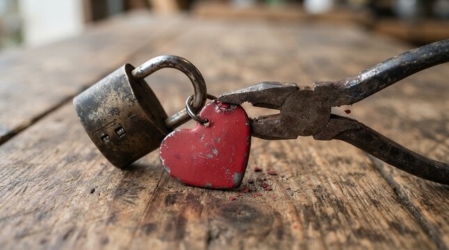 Rustic vintage heart padlock, a symbol of broken love and relationship struggles. Old metal pliers attempting to open a red heart-shaped lock, representing emotional pain and separation.