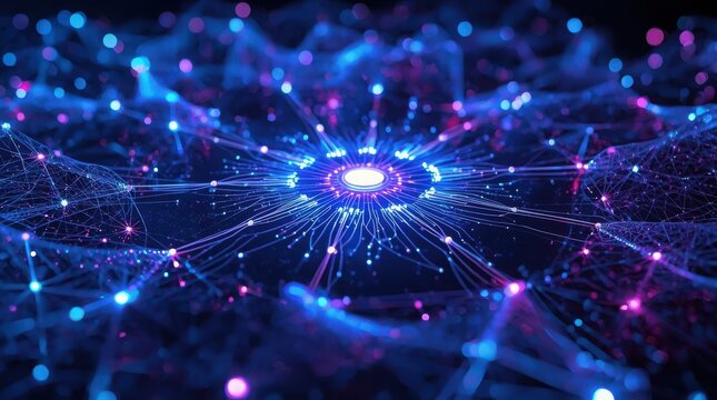 Abstract digital neural network with glowing blue and purple light nodes