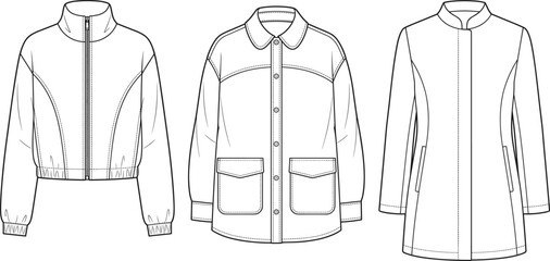 Women's outerwear jacket and coat collection technical fashion flat sketch template front view © Azizul
