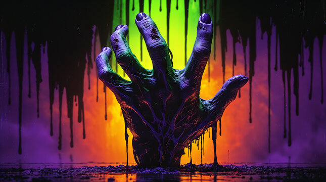 Grunge-style Poster Showing a Zombie Hand Reaching out From Colorful Liquid in a Dark Setting