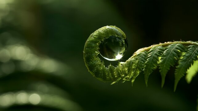 Close-up of a fern frond unfurling with a single dewdrop reflecting light