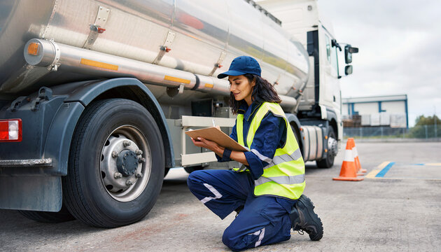 Safety inspector in yellow hi-vis vest and blue cap kneeling beside tanker truck tires writing notes on clipboard