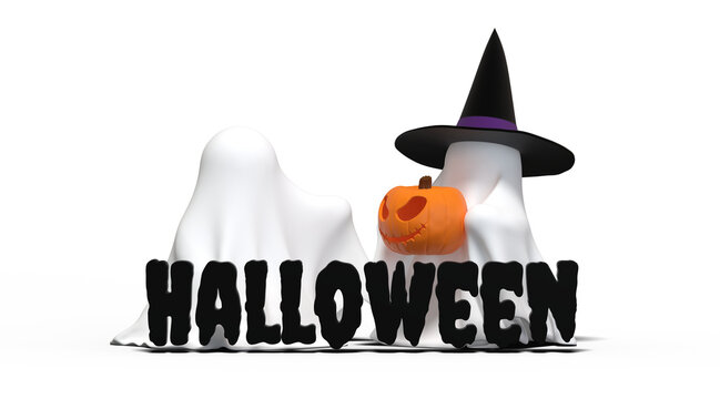 Cute 3D Halloween Ghosts with Witch Hat, Pumpkin, and Black Text Effect - 3D render on transparent background