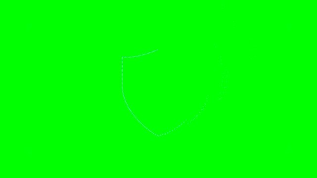 Premium 6-second seamless loop of a futuristic cyber security shield forming from 200 glowing particles. Particles travel radially from outside the frame, assembling into a readable shield outline wit