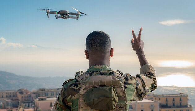 Military soldier in camouflage uniform raising peace sign toward quadcopter drone hovering above coastal city at golden hour