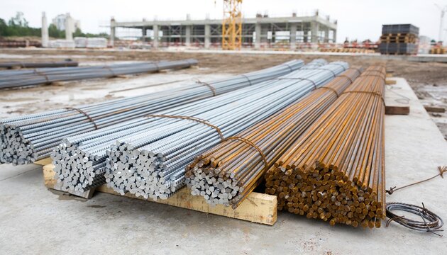 Bundles of shiny new and rust-covered steel rebar bars stacked on wooden pallets on concrete slab at active construction site