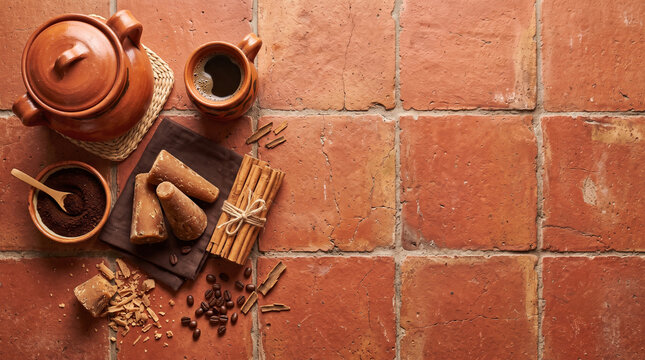 Overhead flat lay of Mexican spiced coffee Cafe de Olla ingredients on tile
