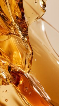 Viscous golden liquid with light reflections and air bubbles