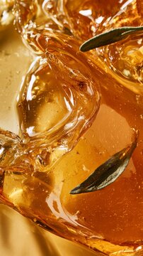 Viscous amber liquid with fresh green leaves and light reflections
