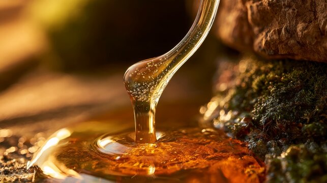 Viscous golden honey dripping onto mossy rocks with soft bokeh background