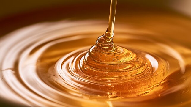 Viscous golden honey pouring into a swirling pool, close-up macro shot