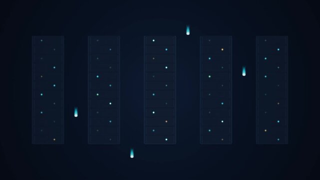 Premium 8-second seamless loop of an abstract cloud computing server rack representation. Five vertical columns with twelve horizontal slots each house sixty LEDs that blink in deterministic patterns 
