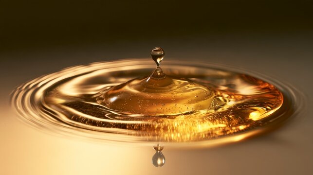 Golden liquid drop creating ripples and reflection in slow motion