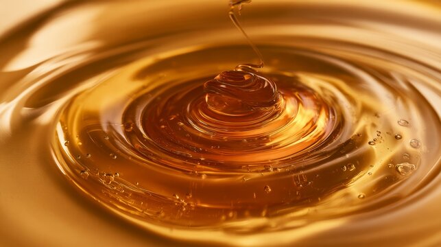 Viscous golden liquid swirling in mesmerizing concentric circles with light reflections