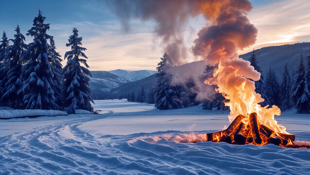 Large bonfire burning on snow-covered mountain meadow at dusk surrounded by frost-laden evergreen pine trees and rolling hills