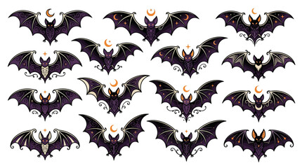 Fototapeta premium Halloween Bat Collection with Cute Flying Black Bat Cartoon Illustrations