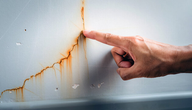 Hand pointing to rust-stained diagonal crack on white interior wall near baseboard showing water damage and deterioration