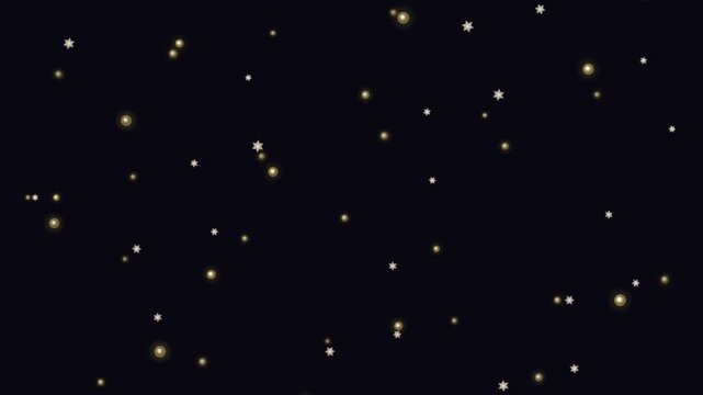 Premium 10-second seamless loop of elegant golden circular bokeh and snow particles. Three depth layers create cinematic depth: twenty small round bokeh in the blurred background rise slowly, thirty 6