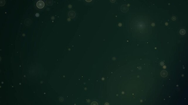 Premium elegant holiday background featuring warm golden bokeh lights, subtle floating snow particles, atmospheric lens flare, and a sophisticated dark green night background. Designed with generous n
