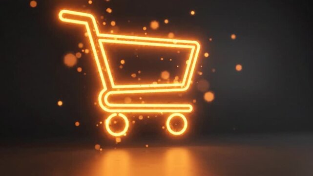 Glowing neon shopping cart icon representing digital commerce and retail shopping concepts.